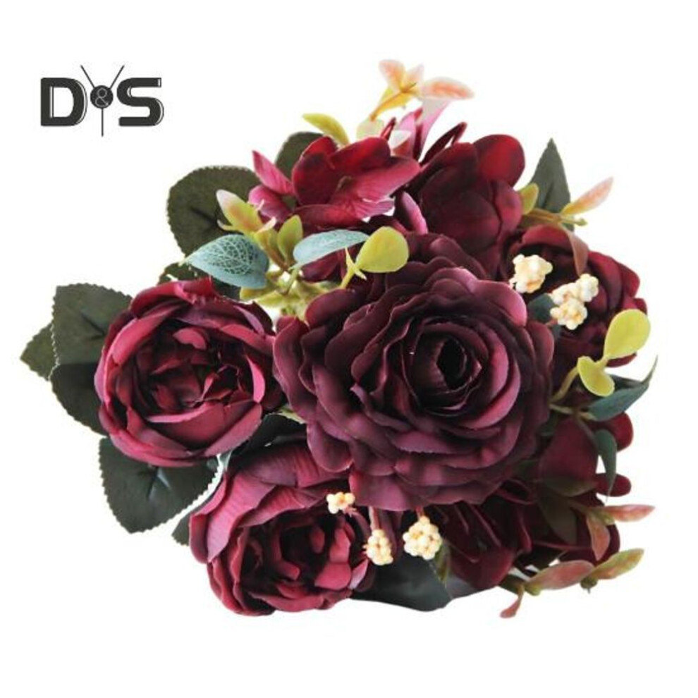 (wine red) Vintage Artificial Peonies Faux Silk Flowers Bunch Hydrangea Rose Peony Floral Centerpiece for Wedding Event Party Home Decor