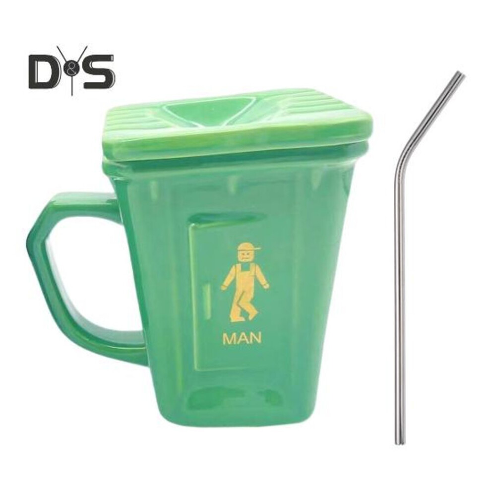 (green) Funny Toilet Coffee Mug Novelty Shaped Mug Squatting Pan Ceramic Water Cup with Straw Adult Humor Gift for Office Home Use