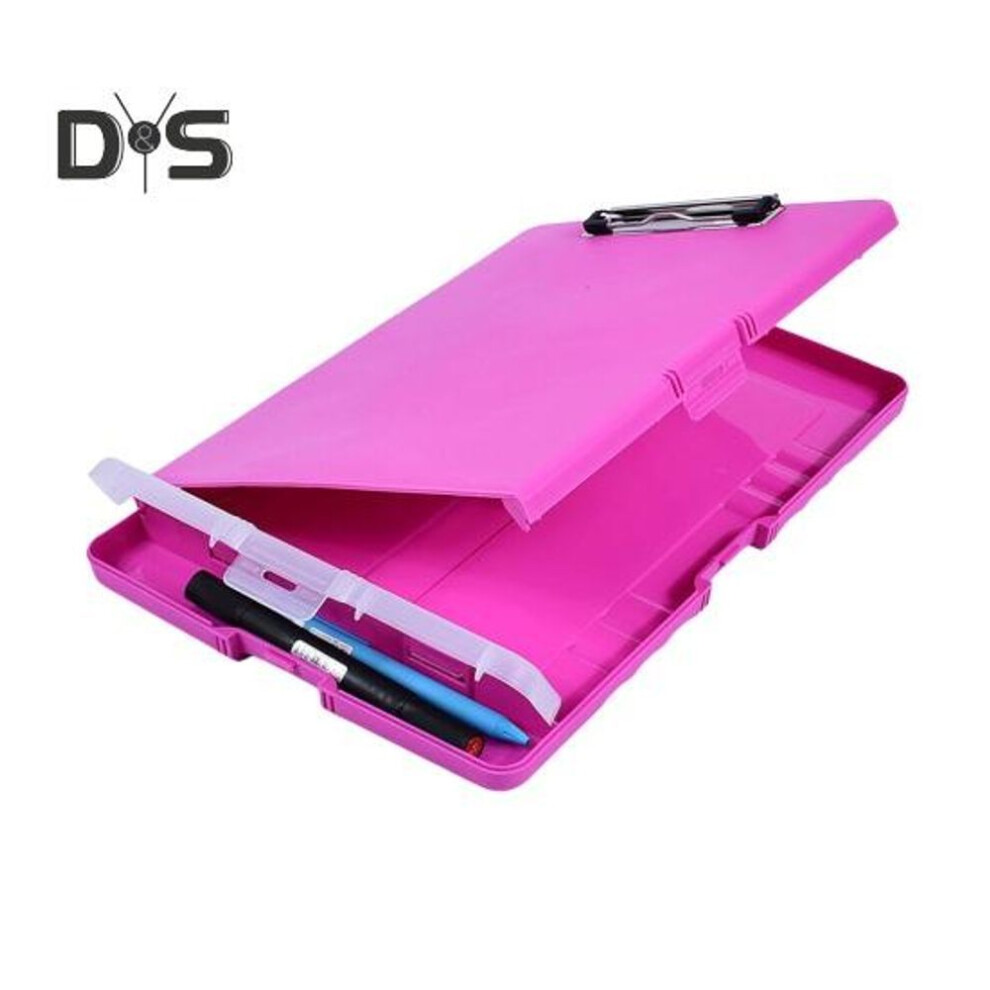 (rose red) File Folder Organizer with Strong Lock Non-Slip Clips Hanging Holes 3-in-1 Clipboard Pencil Case File Storage Box