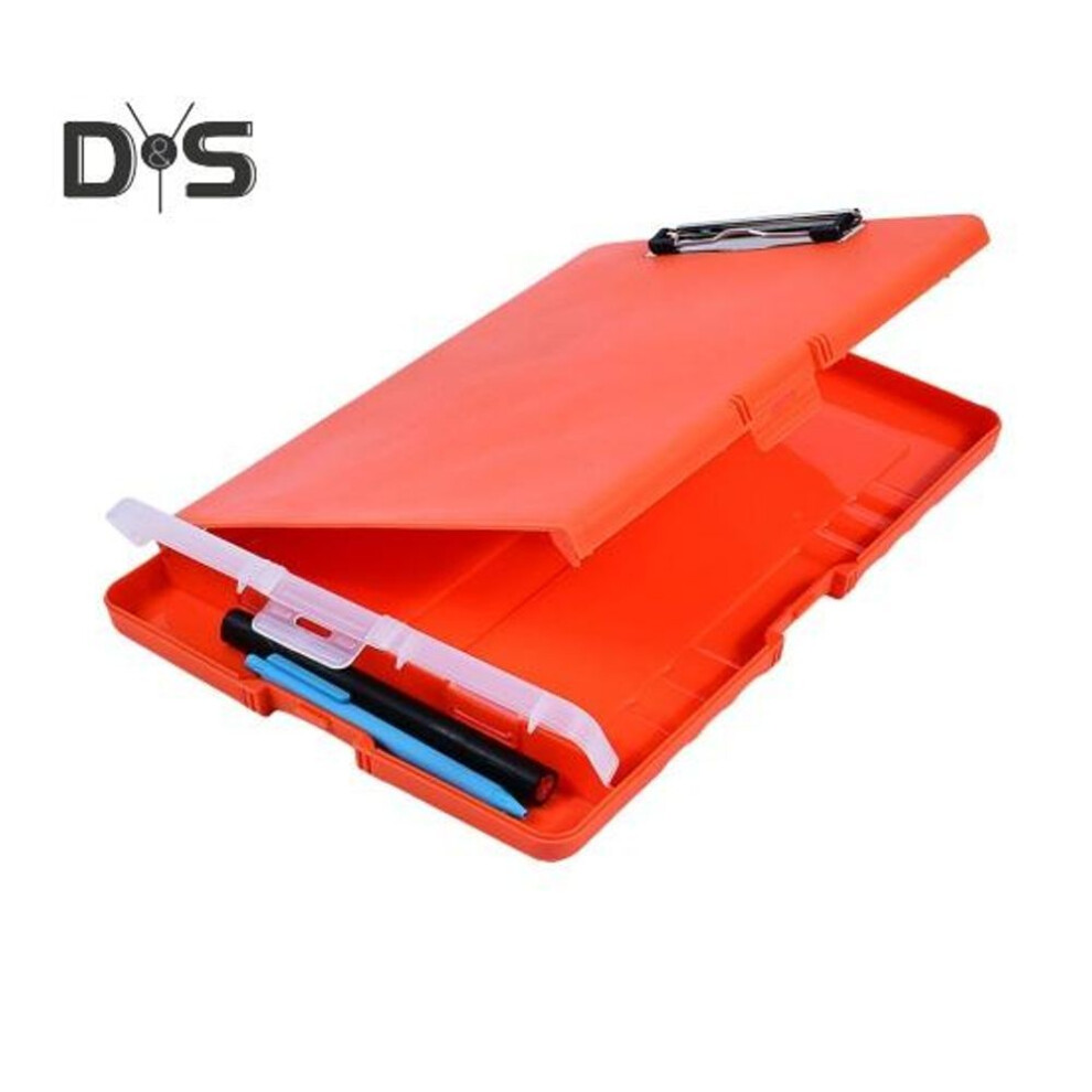 (orange) File Folder Organizer With Strong Lock Non-slip Clips Hanging Holes 3-in-1 Clipboard Pencil Case File Storage Box