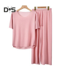 (XXXL, pink) 2Pcs/Set Summer Pajamas Set O-Neck Short Sleeve Tee Shirt Elastic Waist Long Pants Set Ice Silk Solid Color Sleepwear