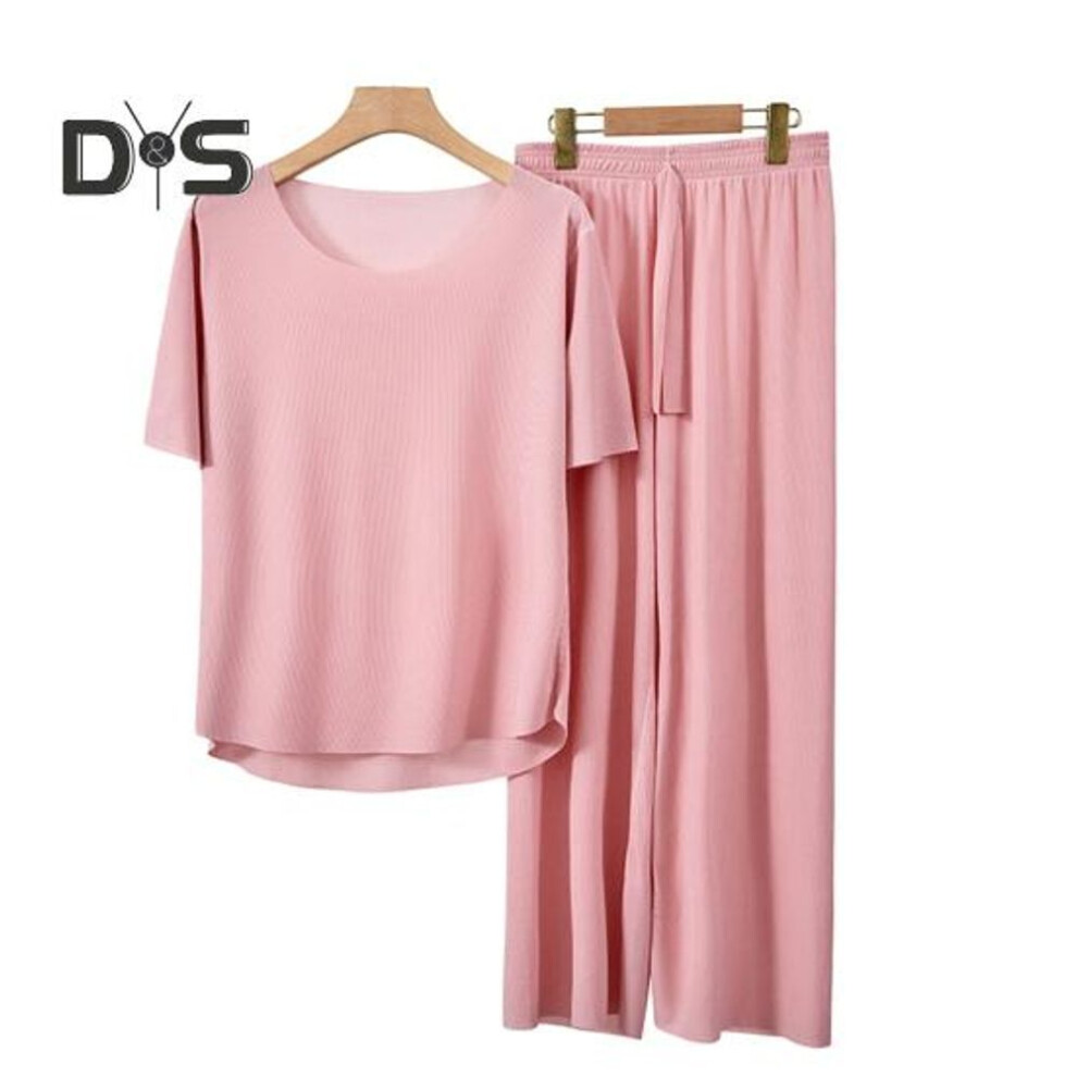 (XXXL, pink) 2pcs/set Summer Pajamas Set O-neck Short Sleeve Tee Shirt Elastic Waist Long Pants Set Ice Silk Solid Color Sleepwear