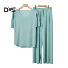 (L, light green) 2Pcs/Set Summer Pajamas Set O-Neck Short Sleeve Tee Shirt Elastic Waist Long Pants Set Ice Silk Solid Color Sleepwear