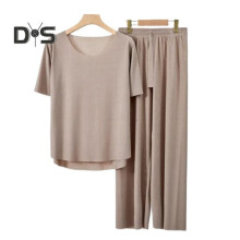 (L, khaki) 2Pcs/Set Summer Pajamas Set O-Neck Short Sleeve Tee Shirt Elastic Waist Long Pants Set Ice Silk Solid Color Sleepwear