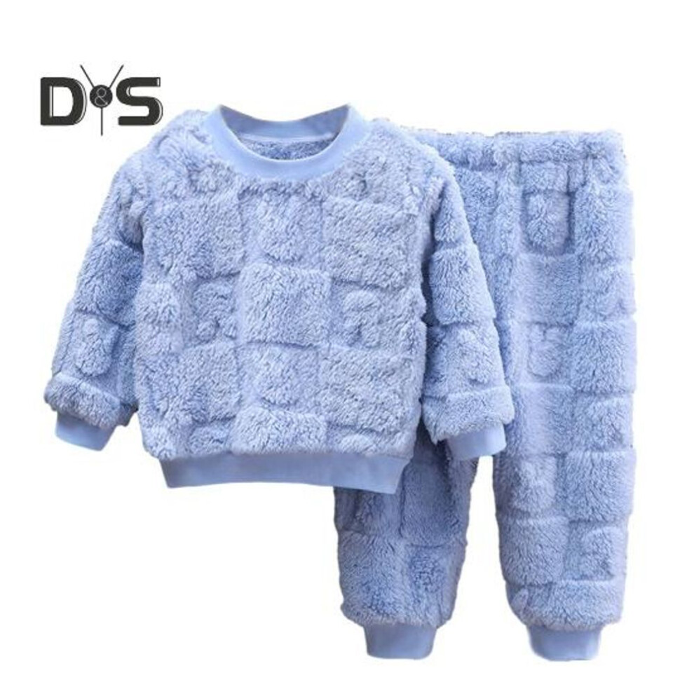 (blue, 140cm) 2pcs/set Kids Pajamas Set Fall Winter Thick Warm O Neck Solid Color Boys Girls Thermal Underwear Long Sleeves Top Pants Trousers Sleepwear Loungewear