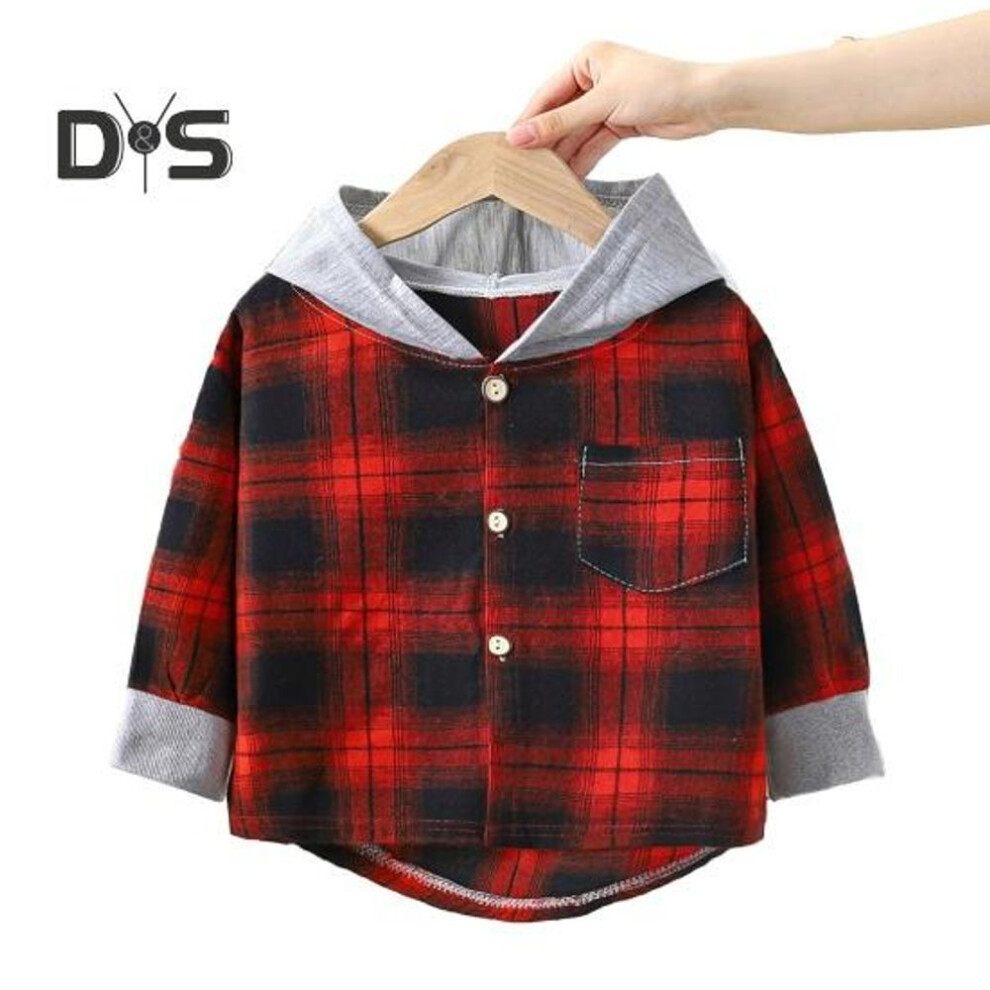 (red black, 110 cm) Kids Plaid Hooded Shirt Spring Fall Chest Pocket Button Closure Loose Causal Boys Girls Toddlers Children Long Sleeves Top Jacket