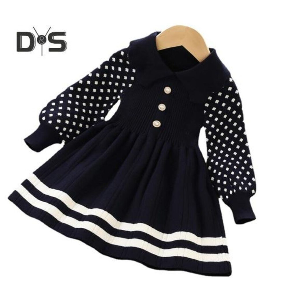 (black, 120cm) Girls Knit Dress Fall Winter Sweet Doll Collar Faux Pearls Button Striped A-line Hem Dot Long Sleeves High-waisted Ribbed Ruffle Kids Princess Dress