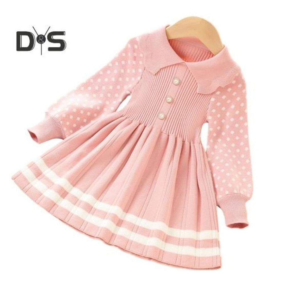 (pink, 120cm) Girls Knit Dress Fall Winter Sweet Doll Collar Faux Pearls Button Striped A-line Hem Dot Long Sleeves High-waisted Ribbed Ruffle Kids Princess Dress