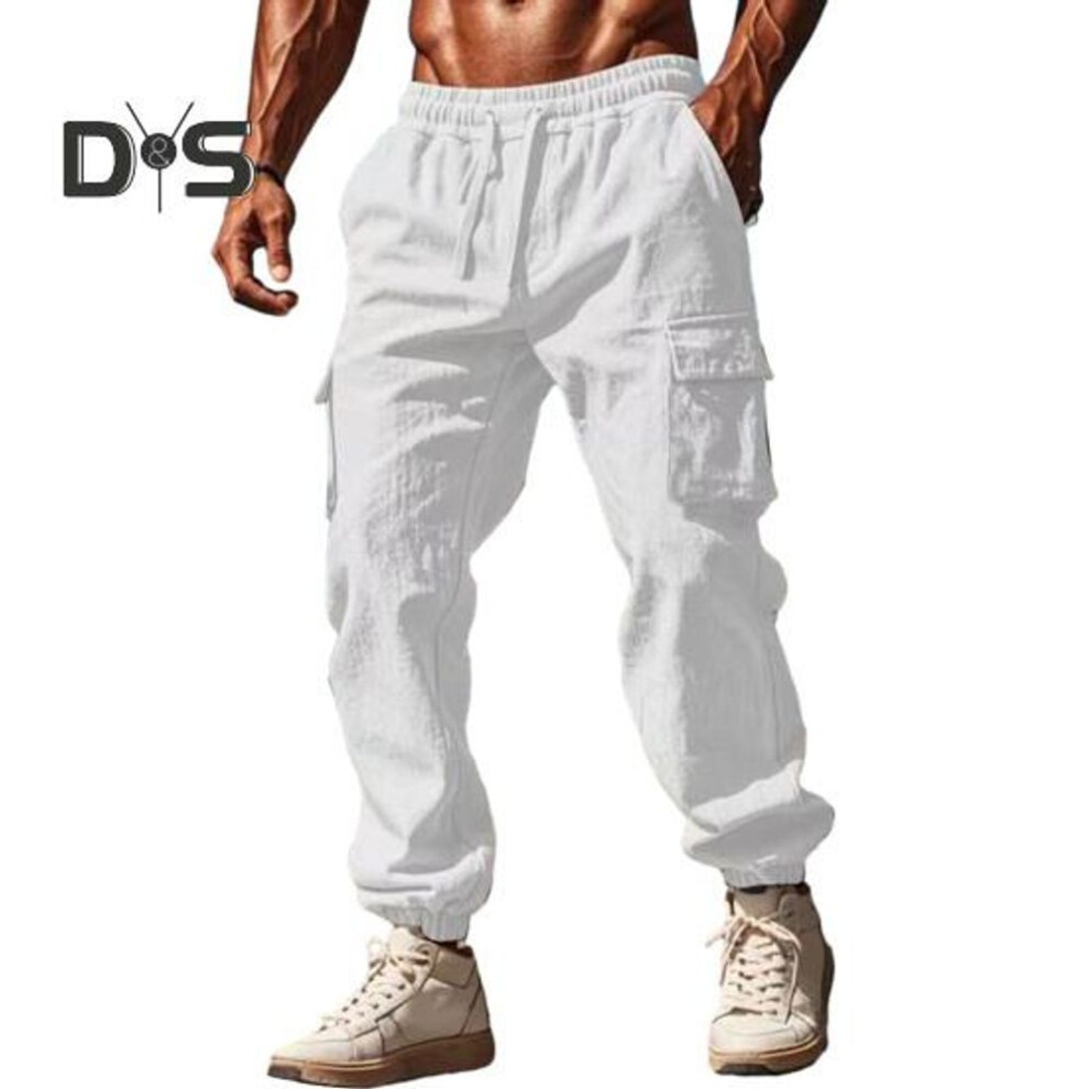 (white, L) Men's Cargo Pants Cotton Blended Jogger Pants Drawstring Waist Casual Trousers With Multi-pockets For Travel Work Daily Wear