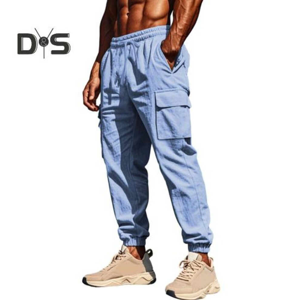 (royal blue, XL) Men's Cargo Pants Cotton Blended Jogger Pants Drawstring Waist Casual Trousers With Multi-pockets For Travel Work Daily Wear
