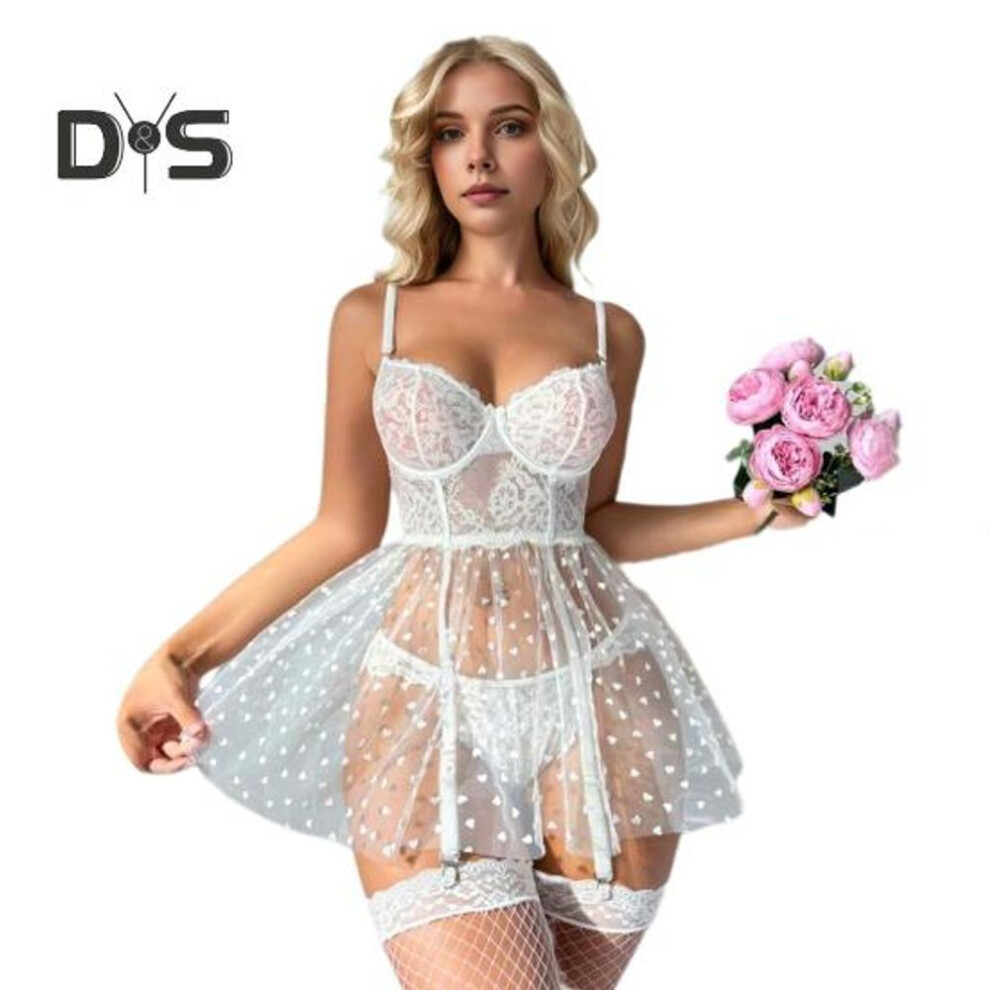 (white, S) 2 Pcs/Set Nightdress Underpants Set See-through Lace Floral Embroidery A-line Hem Thin Mesh Heart Applique Wired Bra Bedroom Honeymoon Sleepwear