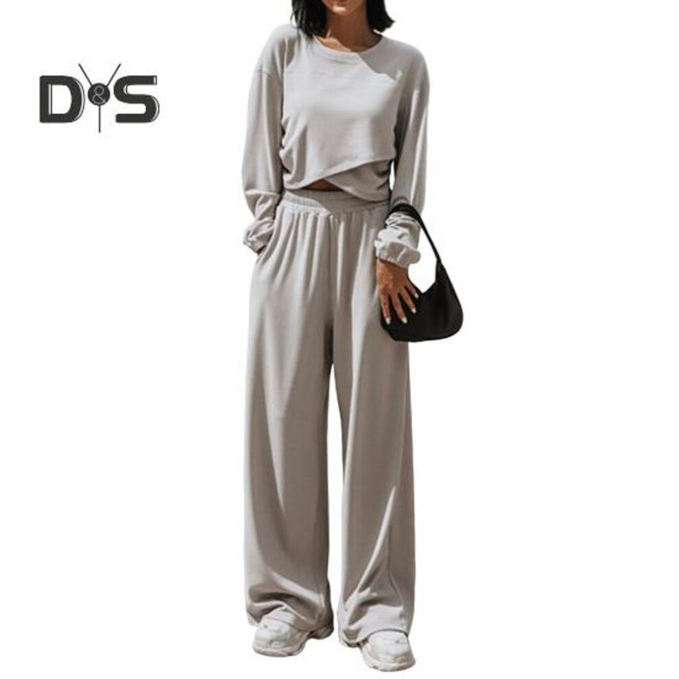 (grey, M) 2 Pcs/Set Women Top Pants Set Round Neck Long Sleeve Irregular Cross Hem Sweatshirt Pure Color Stretchy High Waist Wide Leg Trousers Sport Fitness
