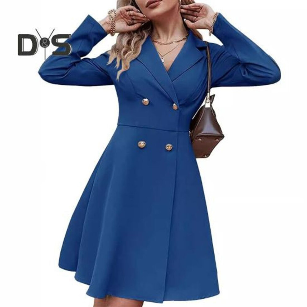 (blue, L) Fall Winter Women Jacket Double-breasted A-line Slim Fit Turn-down Collar Tight Waist Pure Color Formal Business Office Dress Long Sleeve Commuting