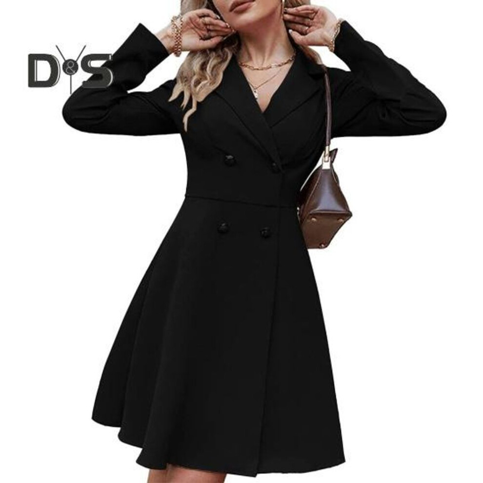 (black, L) Fall Winter Women Jacket Double-breasted A-line Slim Fit Turn-down Collar Tight Waist Pure Color Formal Business Office Dress Long Sleeve Commuting