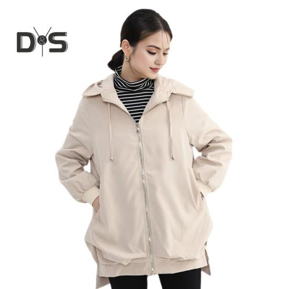 (apricot, L) Fall Spring Women Jacket Short Front Long Back Split Hem Hooded Drawstring Zipper Closure Cardigan Windproof Outdoor Overcoat Travel Camping Coat