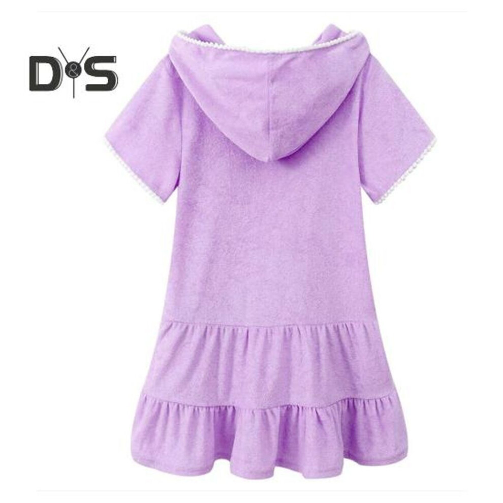 (purple, 150CM) Children Beach Dress Hooded Sun Protection Ruffle Patchwork Hem Solid Color Zipper Closure Short Sleeves Pleated Girls Swim Cover Up Swimsuit Pool