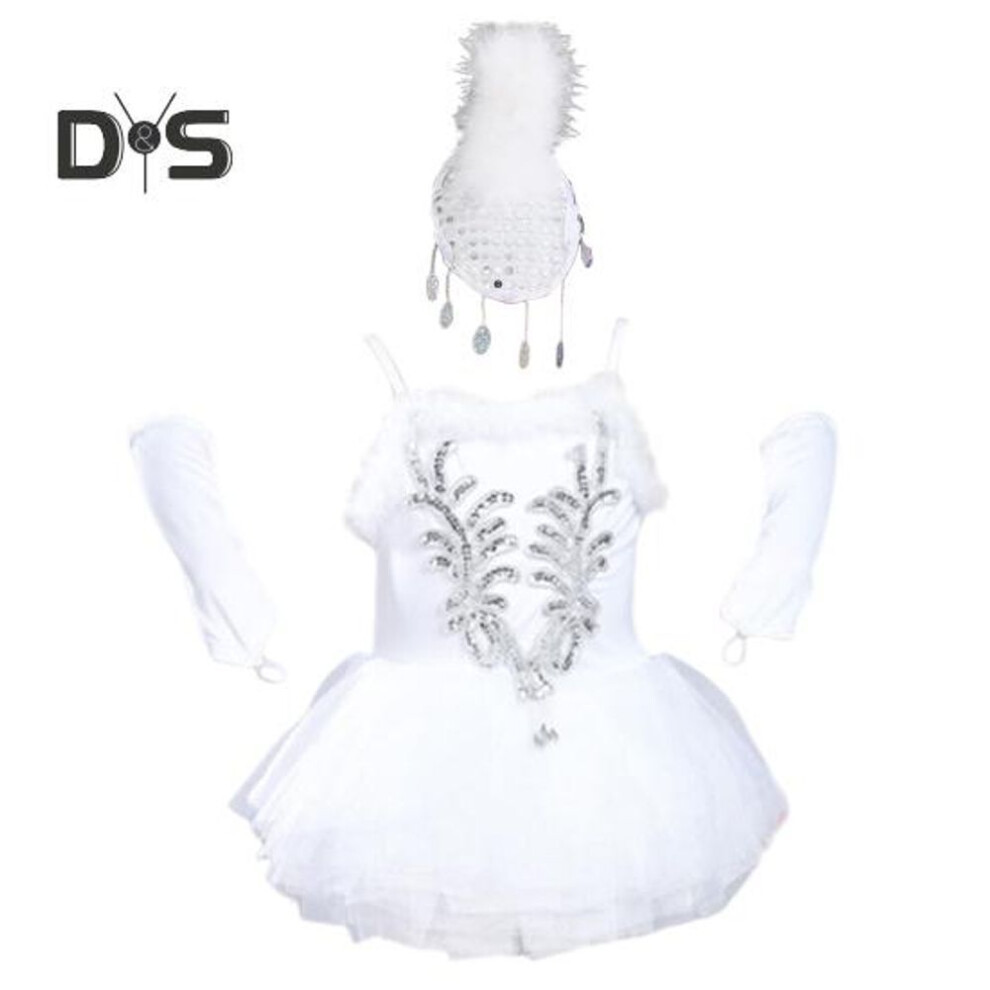 (white, 160cm) 1 Set Children Ballet Dress Set Headdress Sleeve Covers Fuffly Edge Sequin Sleeveless Backless Big Swing Mesh Scattered Hem Stage Show Performance