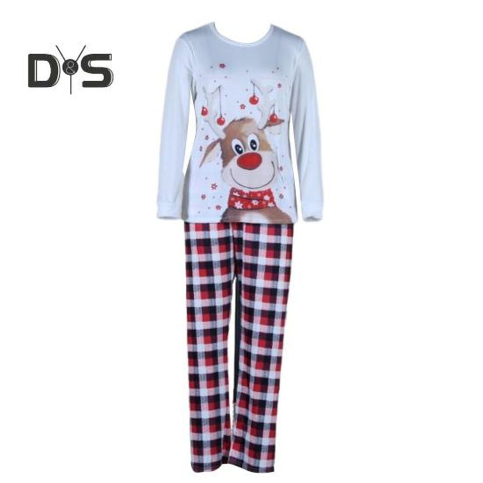 (white, 3-4 Years) Parent-child Pajamas Elk Printing O Neck Long Sleeve Family Christmas Pajama Matching Set Children Sleepwear Top Plaid Pants Pet Coat Sleepwear