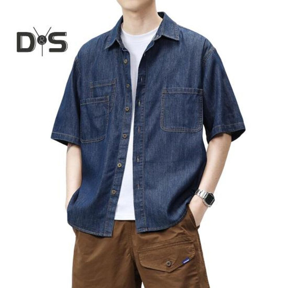 (L, dark blue) Men's Short Sleeve Cotton Shirt Summer Button Down Lapel Denim Shirts with Pockets Casual Beachwear Top
