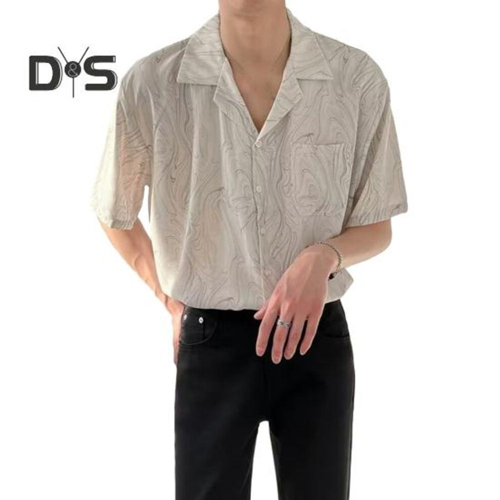 (S, grey) Men's Printed Short Sleeve Shirt Button Down Lapel Shirt with Pocket Summer Casual Beach Top for Vacation Travel