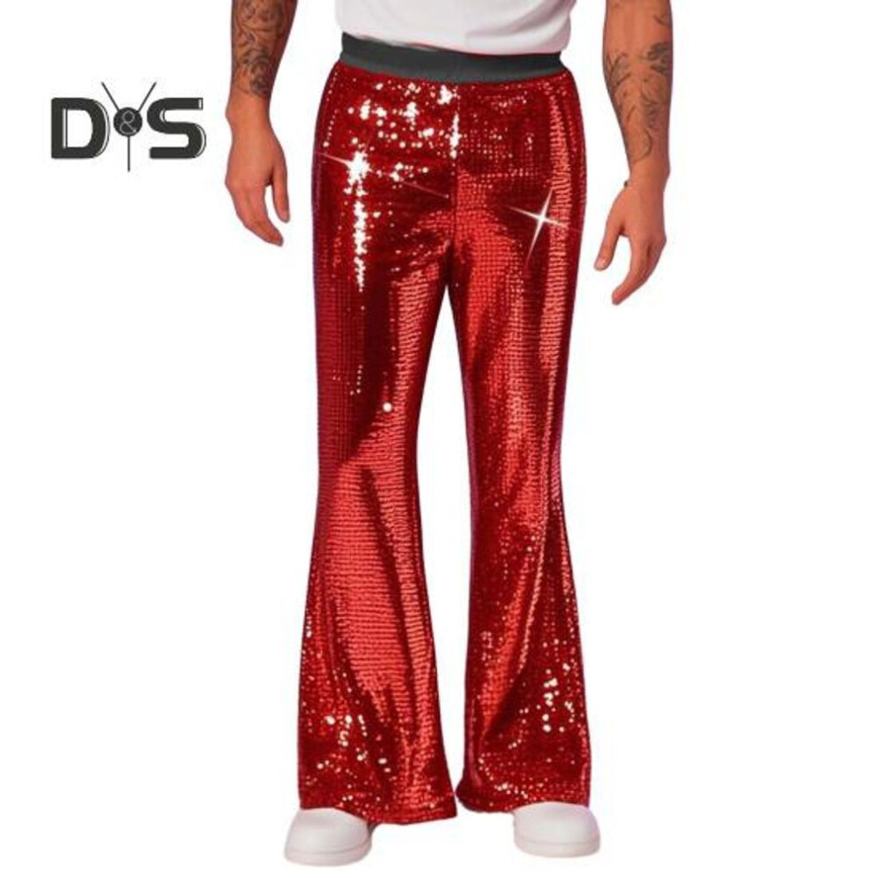 (red, XL) Men's Sequin Flared Trousers Shiny Hip-Hop Disco Pants Elastic Waist Retro Wide Leg Pants for Stage Performance Night Club Bar Dance