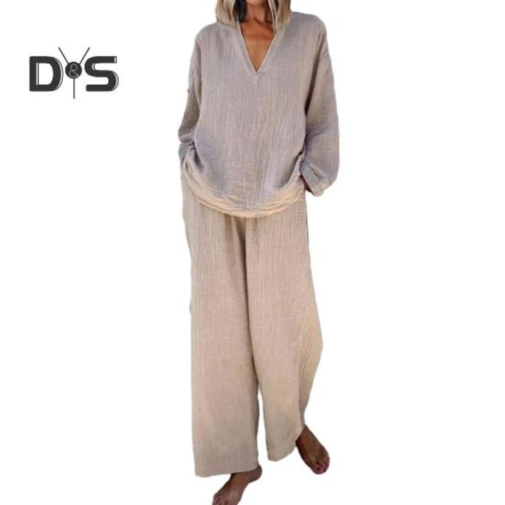 (apricot, M) Women's Loose 2-piece Outfit Long Sleeve V Neck Top Wide Leg Pants With Pockets Casual Loungewear Tracksuit