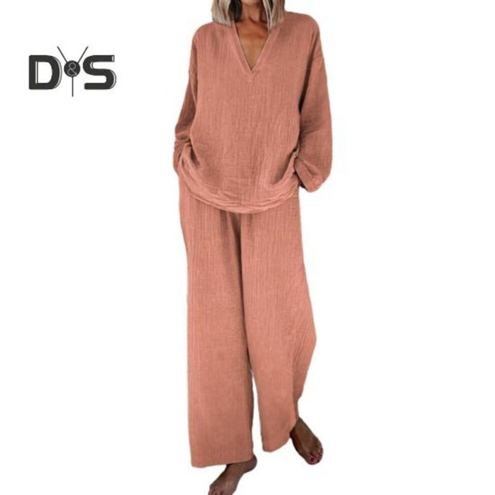 (orange, M) Women's Loose 2-Piece Outfit Long Sleeve V Neck Top Wide Leg Pants with Pockets Casual Loungewear Tracksuit