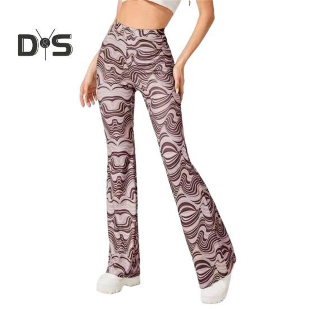 (grey, L) Women Yoga Pants High Waist Water Wave Striped Print Casual Trousers Running Cycling Flared Leggings Loungewear