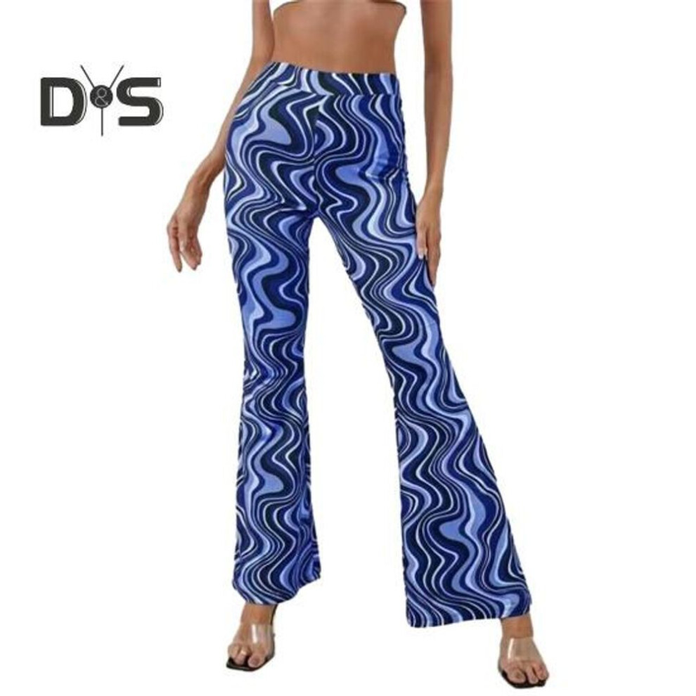 (blue, 3XL) Women Yoga Pants High Waist Water Wave Striped Print Casual Trousers Running Cycling Flared Leggings Loungewear
