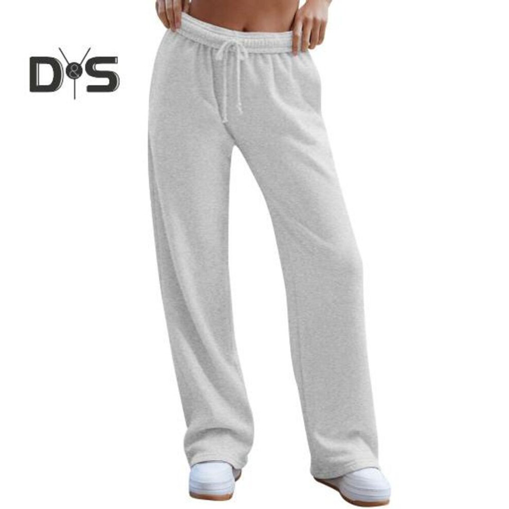 (grey, L) Women Sweatpants Elastic High Waist Adjustable Drawstring Long Pants Solid Color Baggy Casual Trousers