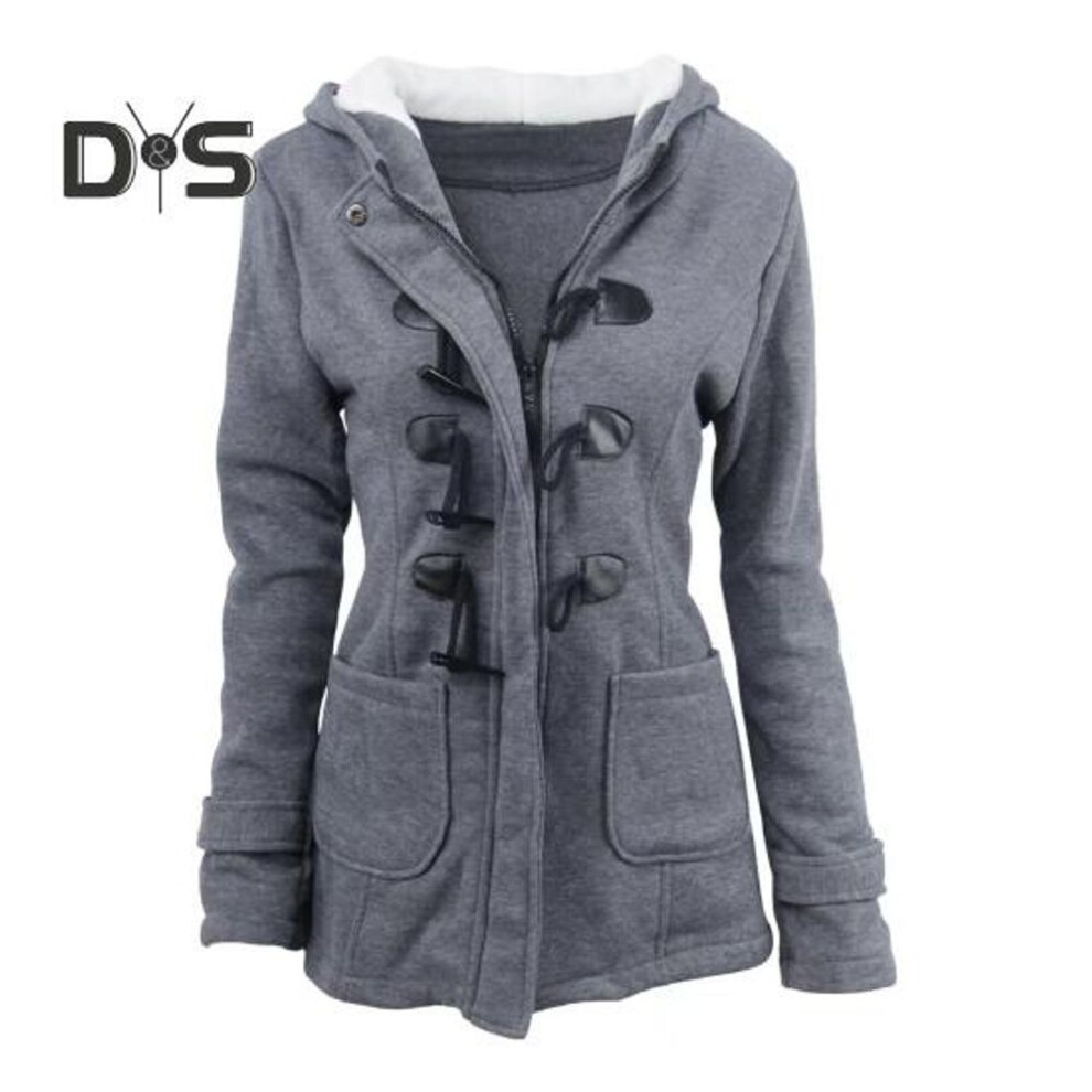 (dark gray, XXL) Fall Winter Coat With Side Pockets Solid Color Hooded Horn Button Closure Long Sleeve Thick Plush-lined Jacket Daily School Commuting Outerwear