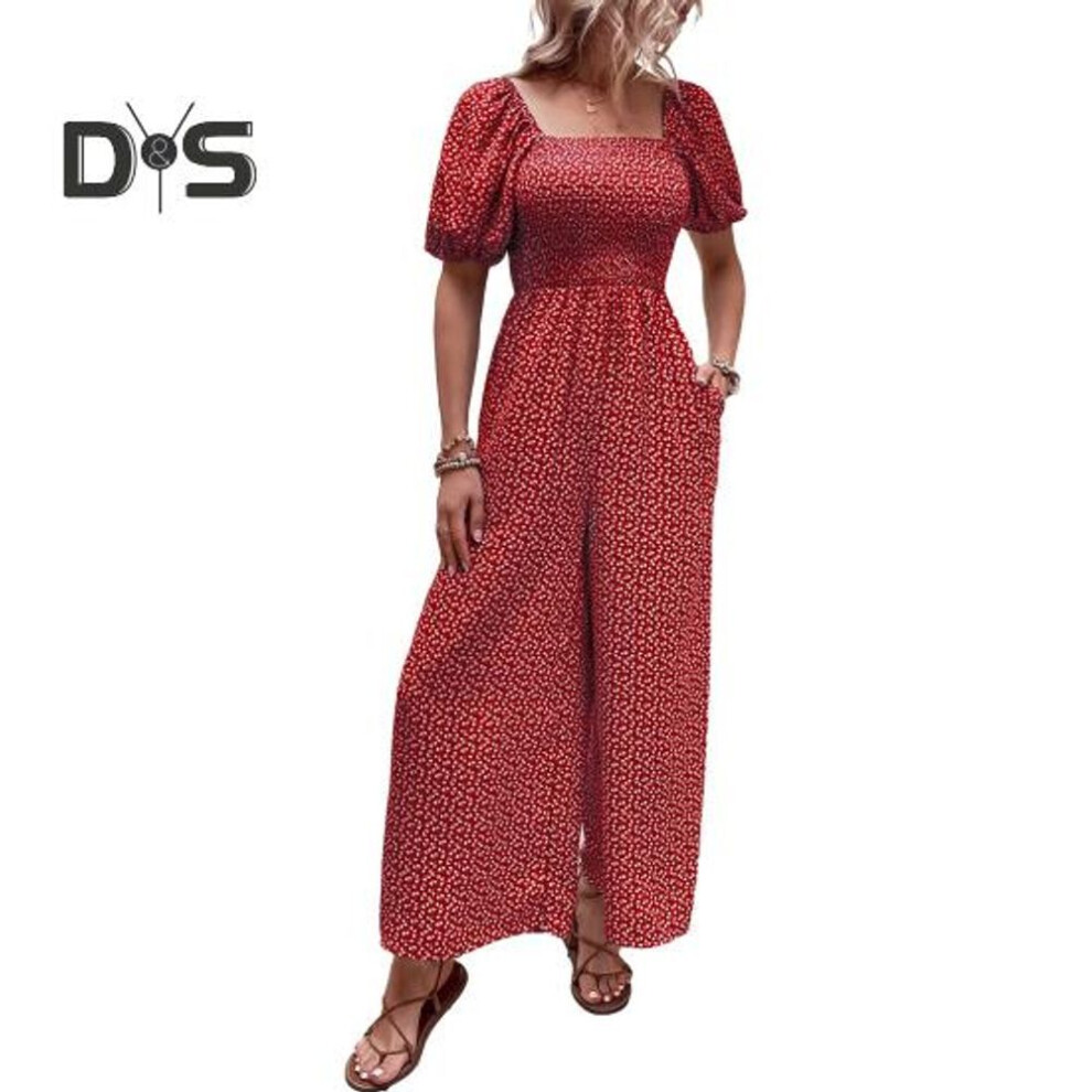 (S, red) Women's Square Neck Jumpsuit Floral Puff Short Sleeve Wide Leg Pants Romper Summer Casual Overall One-Piece Loungewear Outfit