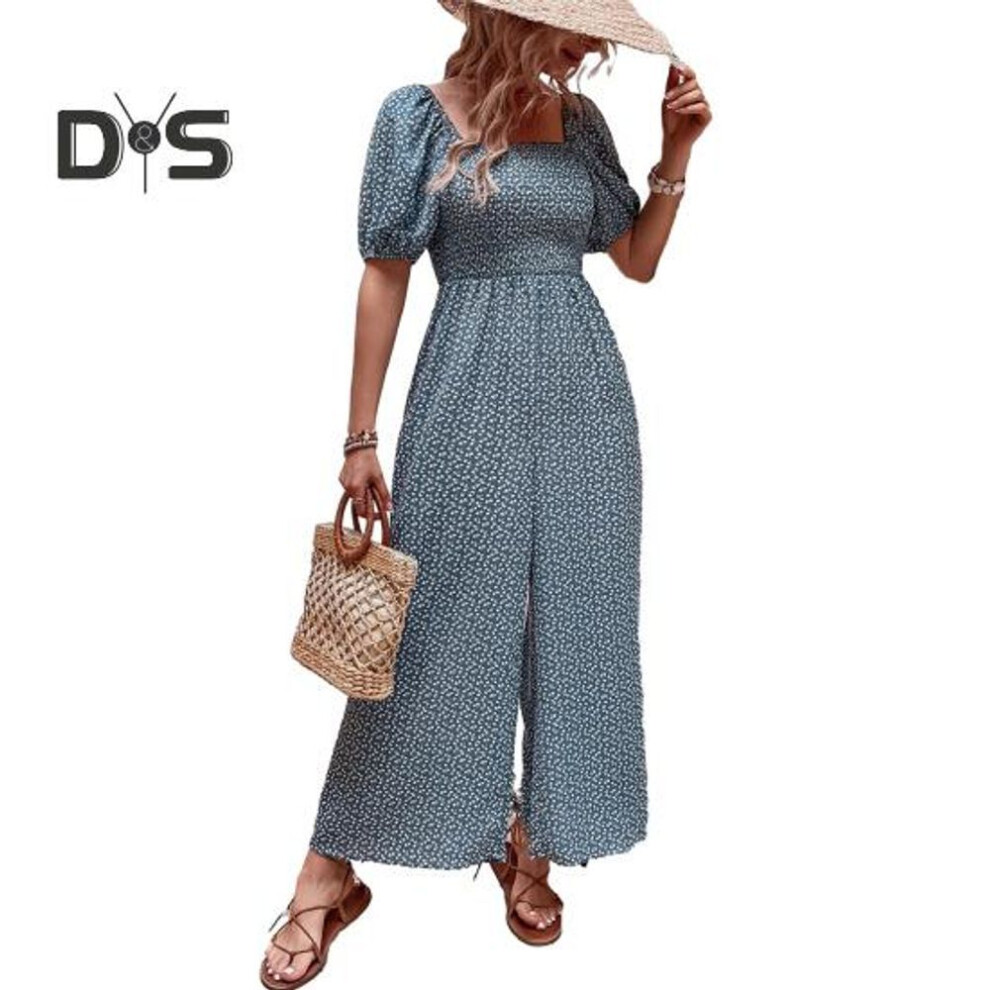 (XL, blue,white) Women's Square Neck Jumpsuit Floral Puff Short Sleeve Wide Leg Pants Romper Summer Casual Overall One-Piece Loungewear Outfit