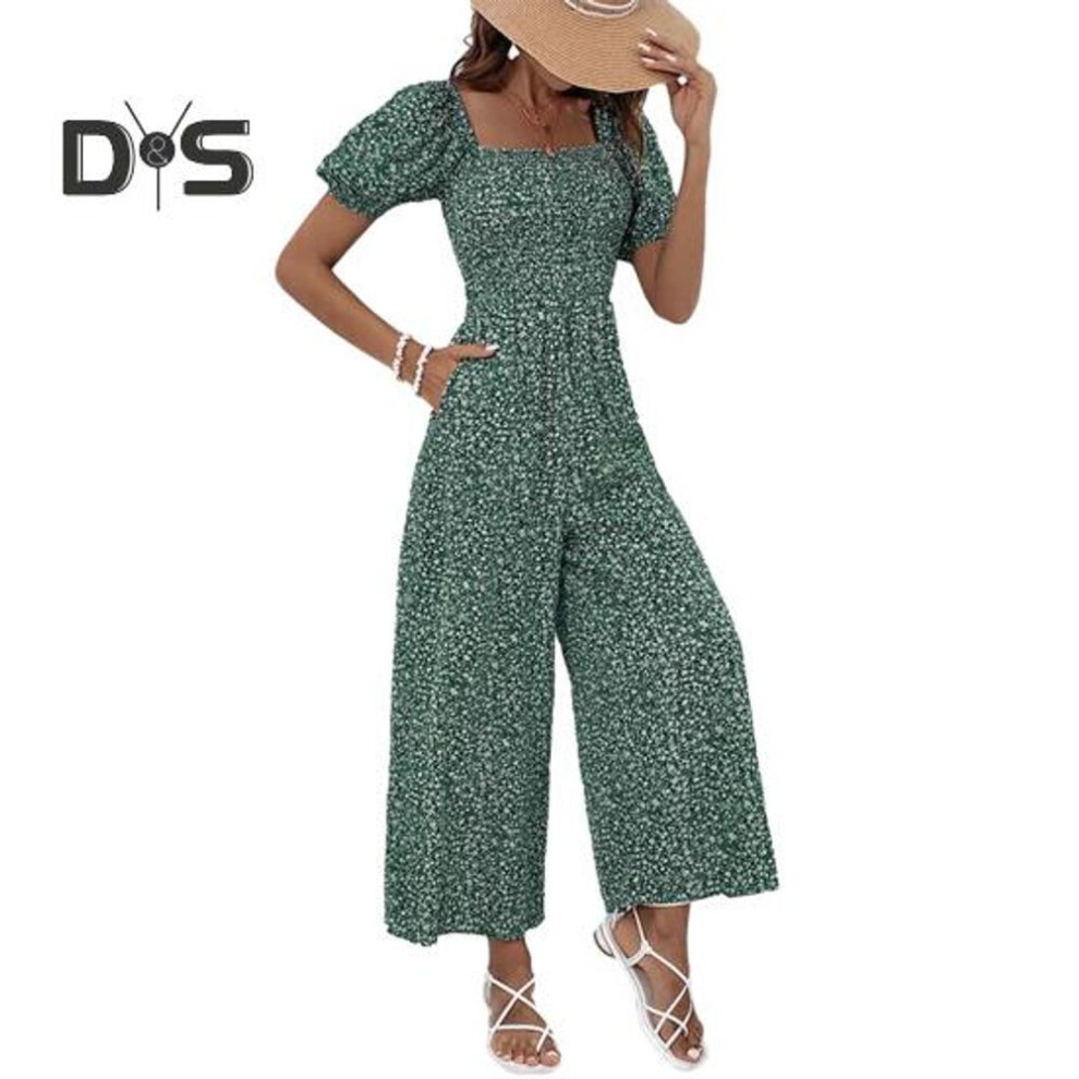 (XL, green) Women's Square Neck Jumpsuit Floral Puff Short Sleeve Wide Leg Pants Romper Summer Casual Overall One-piece Loungewear Outfit