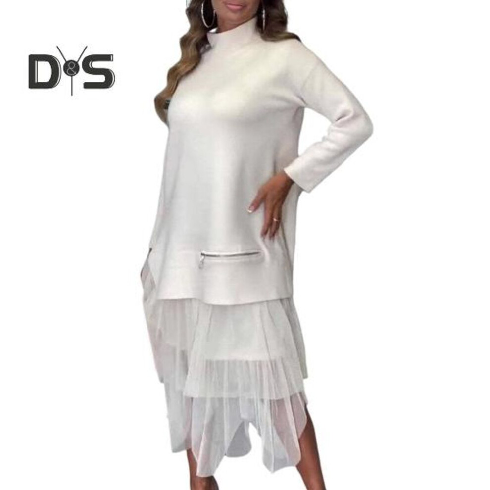 (white, S) Women Fall Winter Dress Fake Two-piece Patchwork Irregular Mesh Hem Half-high Collar A-line Midi Dress Long Sleeve Zipper Decor Party Dress