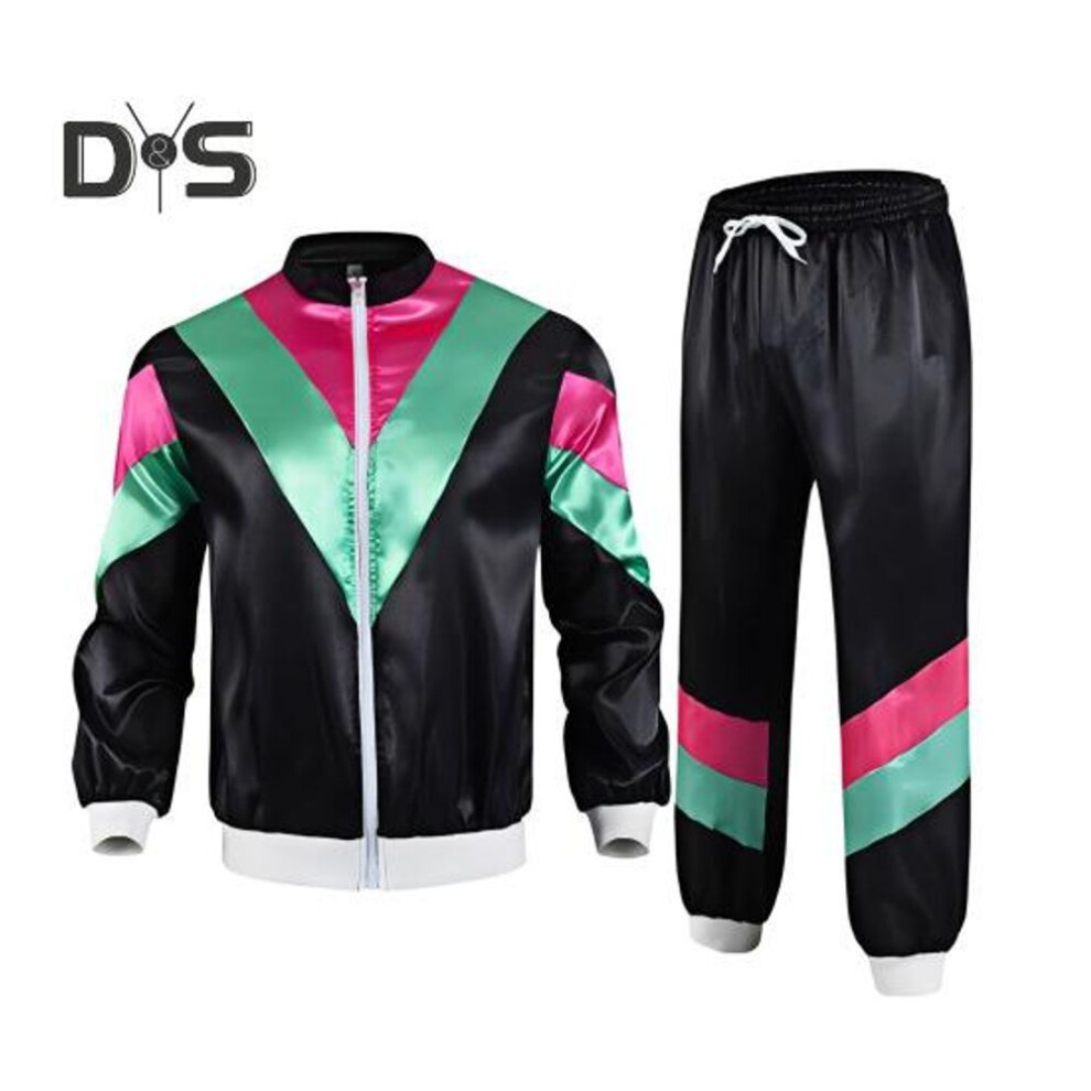 (black, XL) 80s 90s Tracksuit Costume For Men Women Retro Hip Hop Windbreaker Jacket Suit Colorblock 2 Piece Hip Hop Outfit For Themed Parties Carnivals