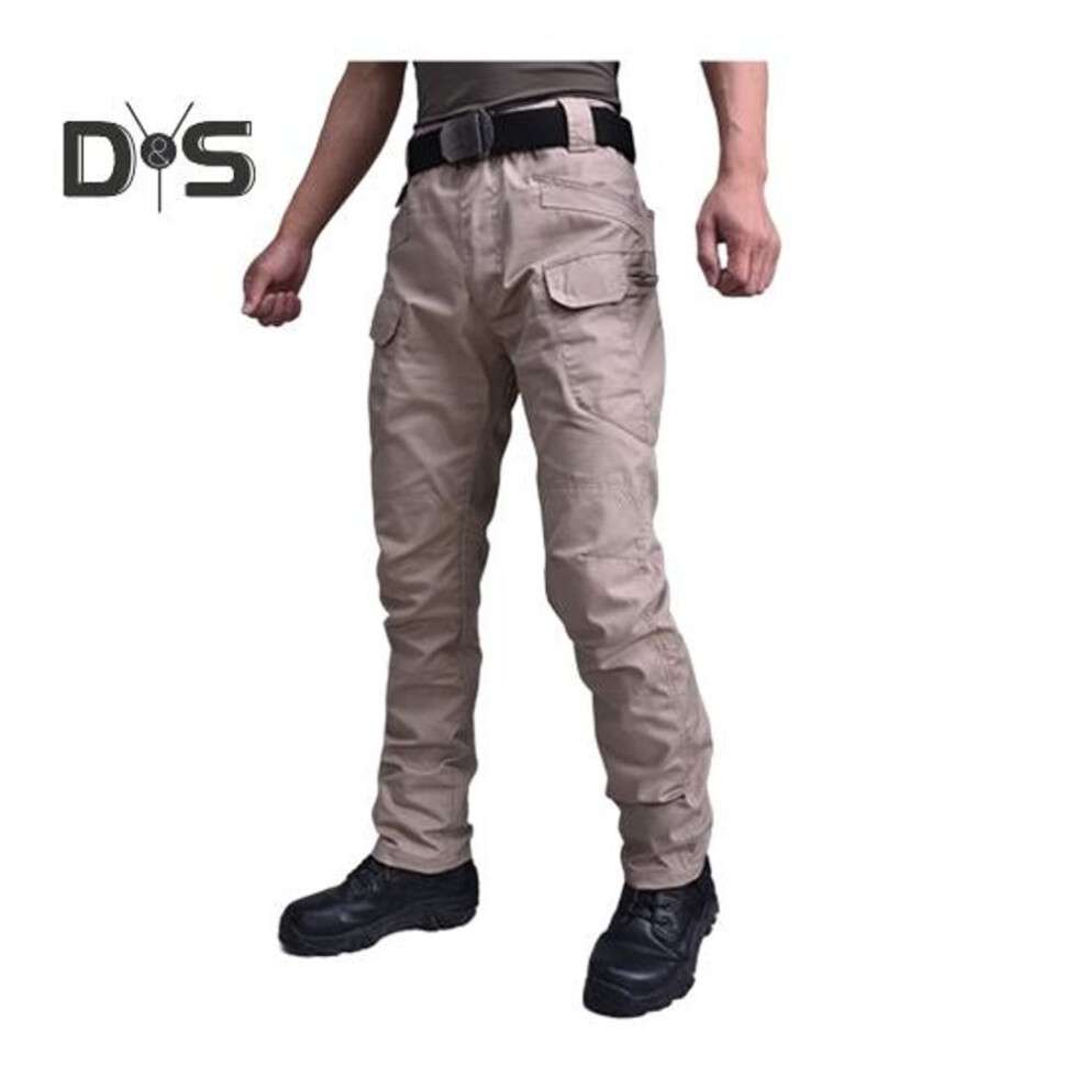 (khaki, L) Men Cargo Pants with Multi Pockets Straight Leg Outdoor Training Trousers Mid Waist Button Zipper Closure Loose Travel School Trousers