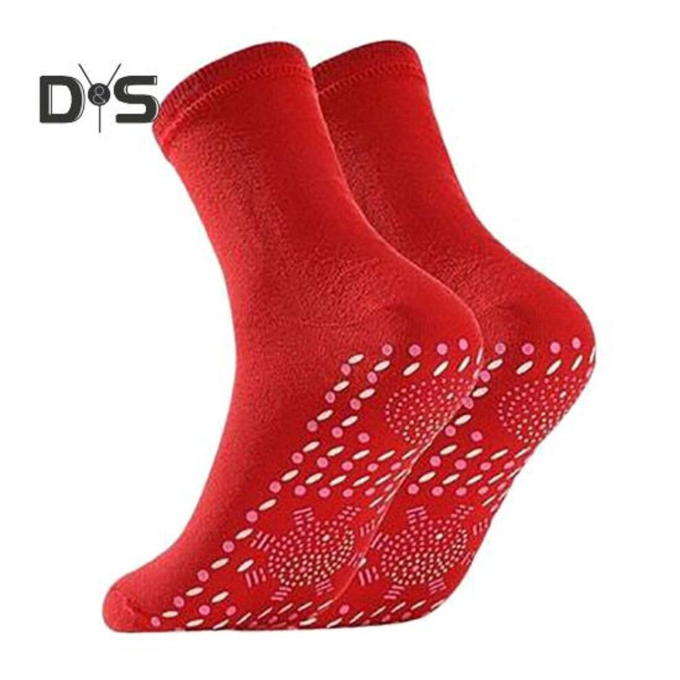 (red) 1 Pair Winter Heated Socks Particle Sole Massage Promote Circulation Self-heating Socks Mid-tube High Elasticity Warm Slipper Socks