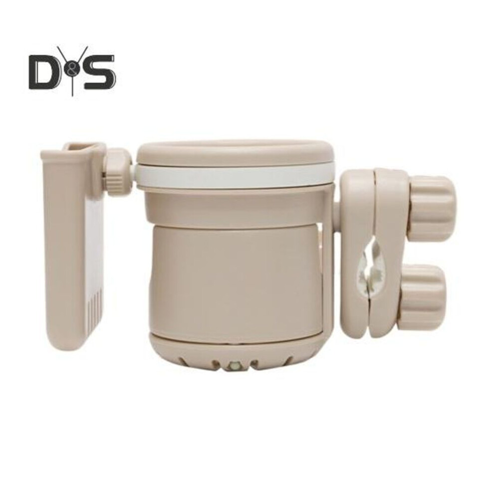 (khaki) Retractable Stroller Cup Holder With Phone Bracket 3 In 1 Non Slip Firmly Grip Stroller Bar 360 Degrees Rotation Drink Holder For Scooter Bike Walker