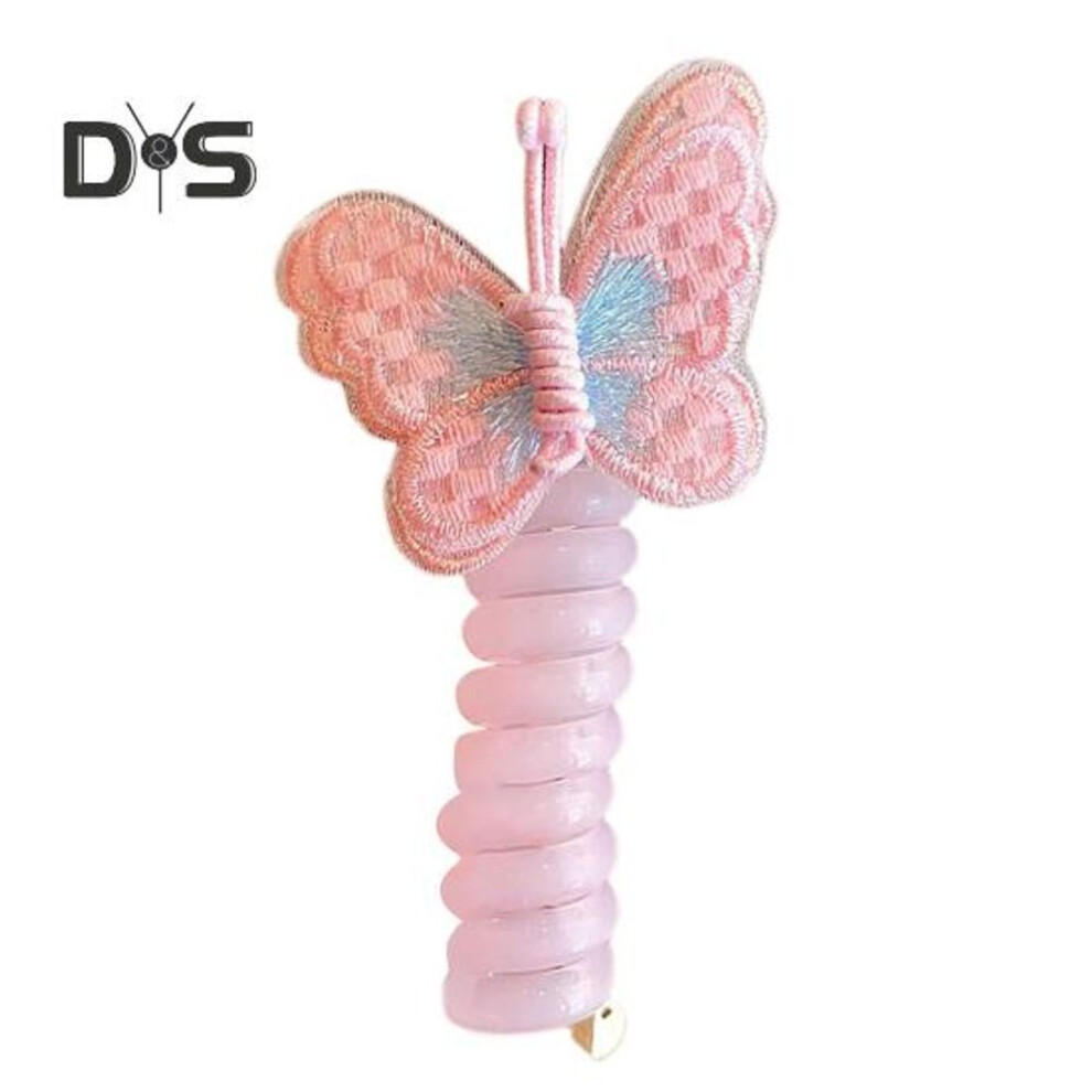 (pink) Children Hair Rope Butterfly Decor Telephone Coil Smooth Cartoon Design Reusable Ponytail Holder High Elasticity Girl Hair Band Hair Styling Tool