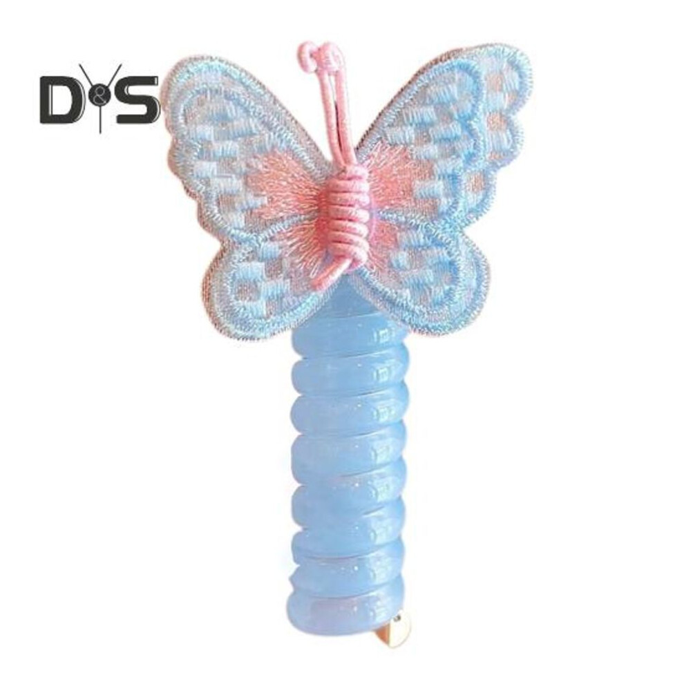(sky blue) Children Hair Rope Butterfly Decor Telephone Coil Smooth Cartoon Design Reusable Ponytail Holder High Elasticity Girl Hair Band Hair Styling Tool