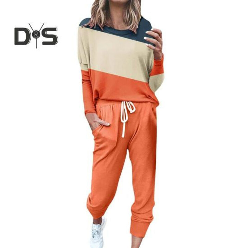 (orange, M) 2 Pcs/Set Women Top Pants Suit Round Neck Long Sleeves Colorblock Sport Sweatshirt Drawstring Elastic Waist Trousers Fitness Outfit Fall Spring