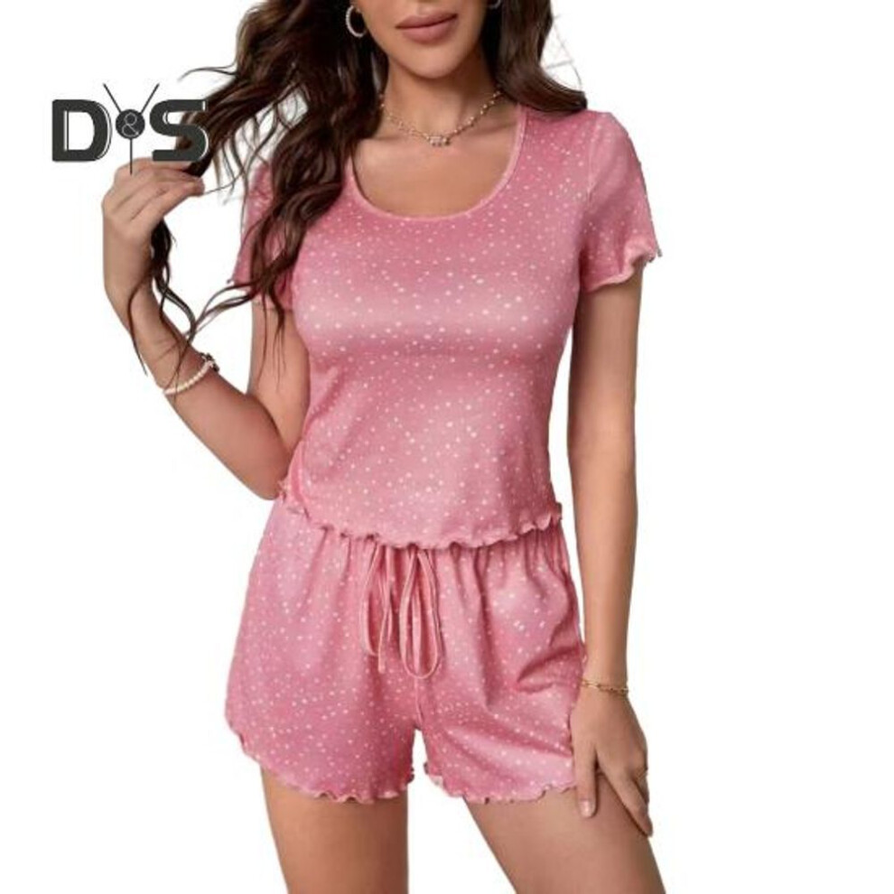 (M, pink) Women's Pajamas Set Short Sleeve Crew Neck Top Elastic Waist Drawstring Shorts Ruffle Lounge Set Summer 2 Piece Sleepwear Set