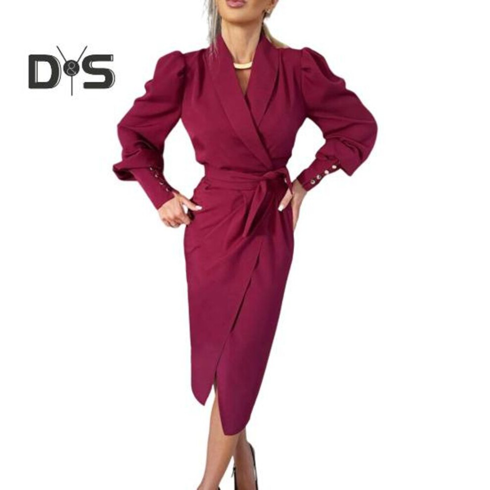 (rose red, XL) Women Formal Dress Business Style Turn-down Collar Long Sleeve Pure Color Slim Fit Lace-up Cross Cardigan Dress Spring Midi Dress OL Commuting Dress