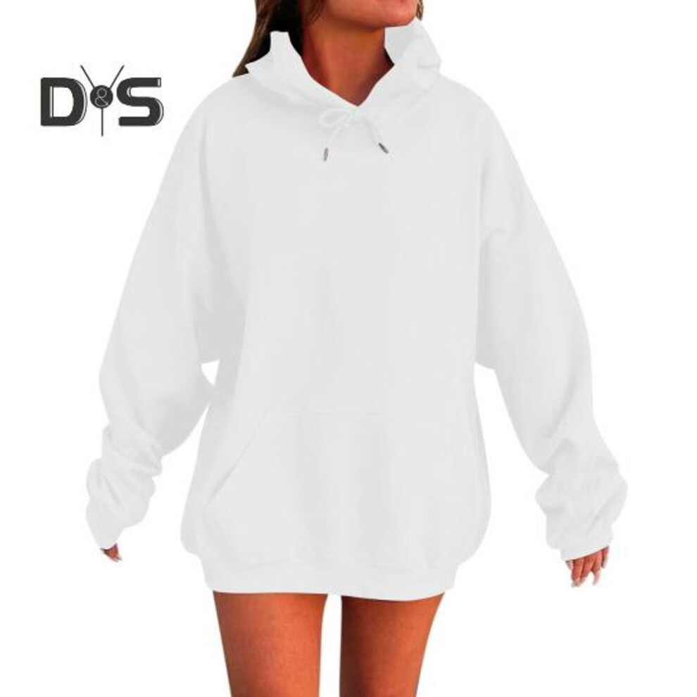 (L, white) Women Fall Winter Hoodie with Big Front Pocket Oversized Mid Length Loose Top Pure Color Thick Thermal Sport Daily Casual Hoodie