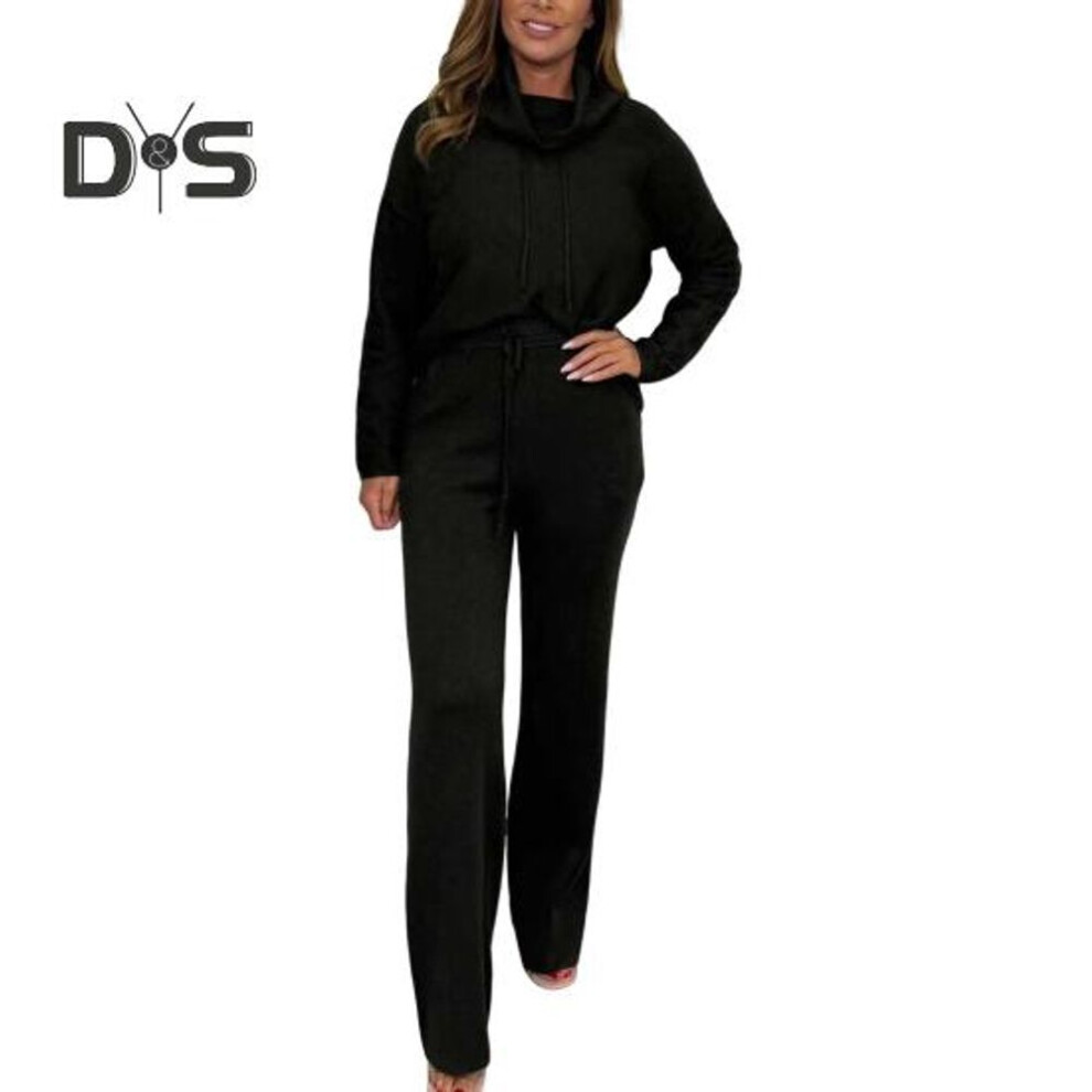 (black, M) 2 Pcs/set Women Top Pants Suit High Piled Collar Long Sleeves Solid Color Sport Sweatshirt Drawstring Elastic Waist Wide Leg Trousers Fitness Outfit