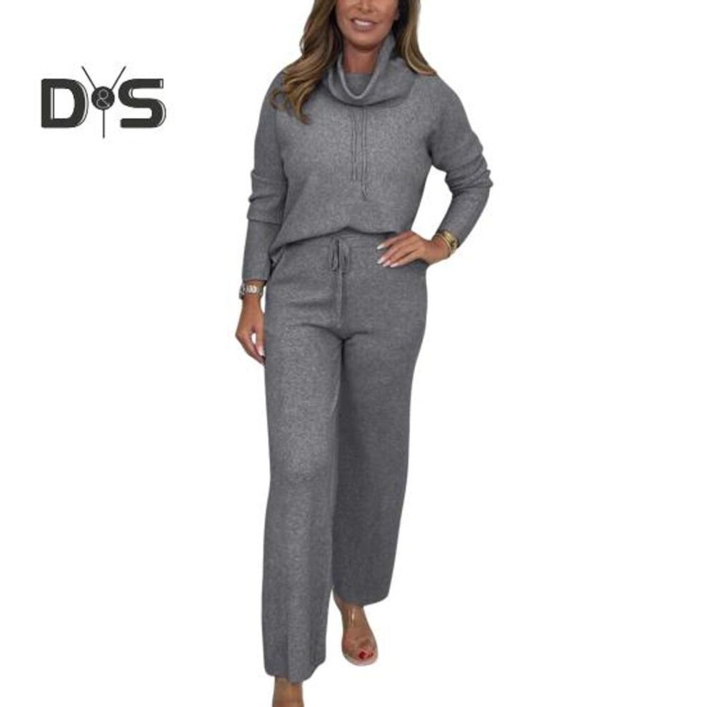 (grey, M) 2 Pcs/Set Women Top Pants Suit High Piled Collar Long Sleeves Solid Color Sport Sweatshirt Drawstring Elastic Waist Wide Leg Trousers Fitness Outfit