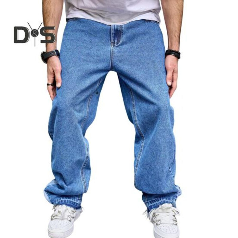 (as the picture, 32) Men Jeans Mid-rise Straight Wide Leg Blue Denim Pants with Pockets Solid Color High Street Style Casual Long Pants