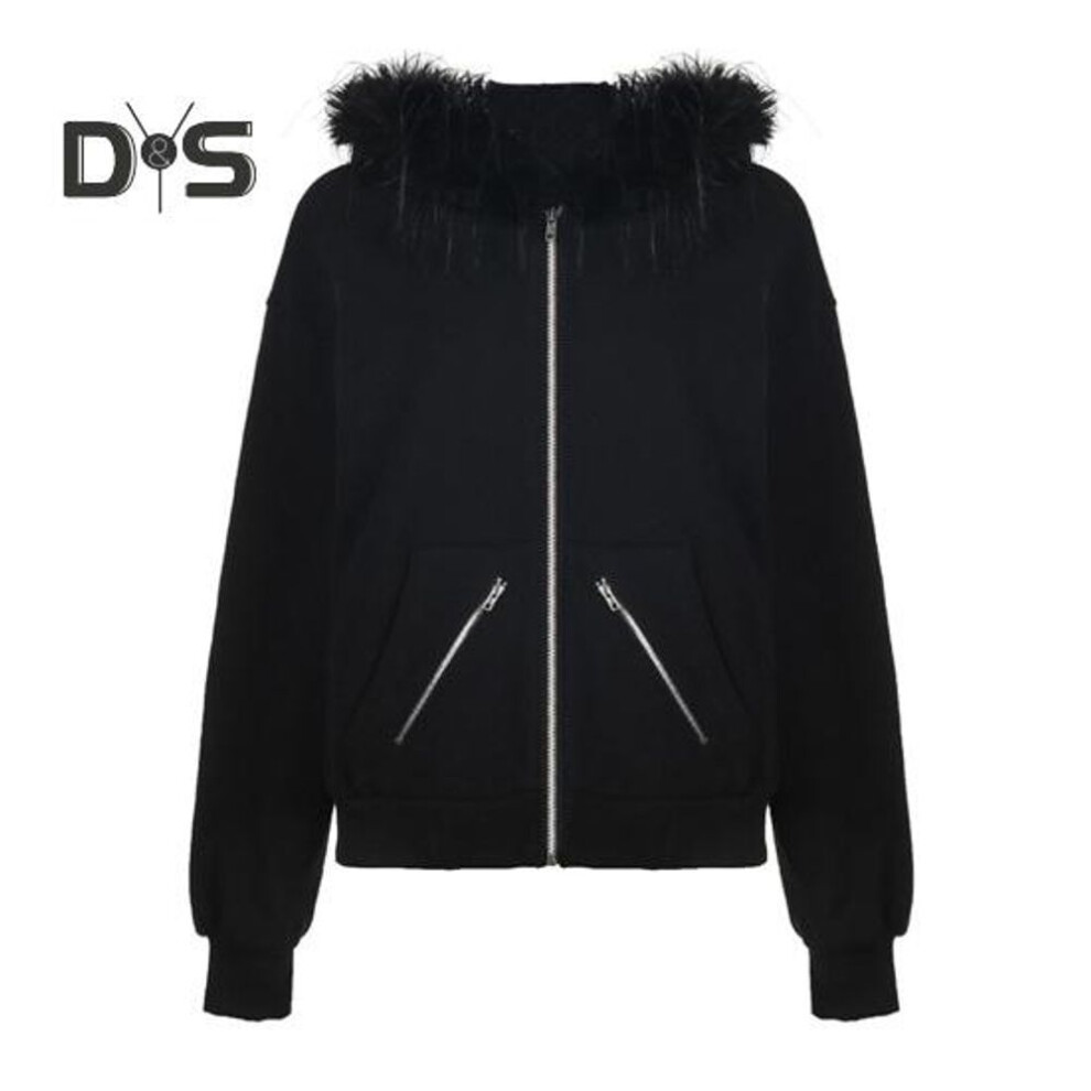 (black, L) Women Winter Coat with Plush Hood High Street Style Zip-up Cardigan Hoodie with Zippered Pockets Solid Color Warm Loose Outerwear