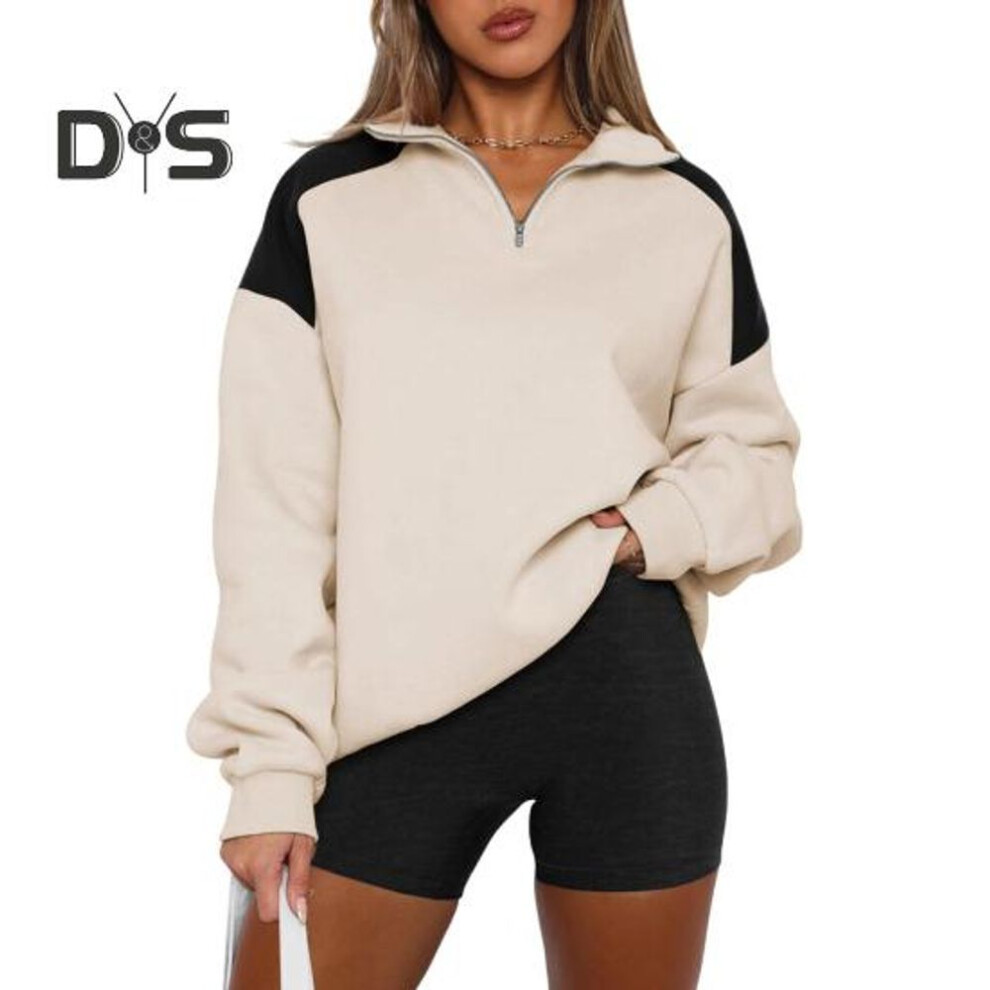 (XL, apricot) Spring Fall Women Sweatshirt Turn-down Collar Long Sleeves Loose Half Zipper Contrast Color Street Style Mid Length Top